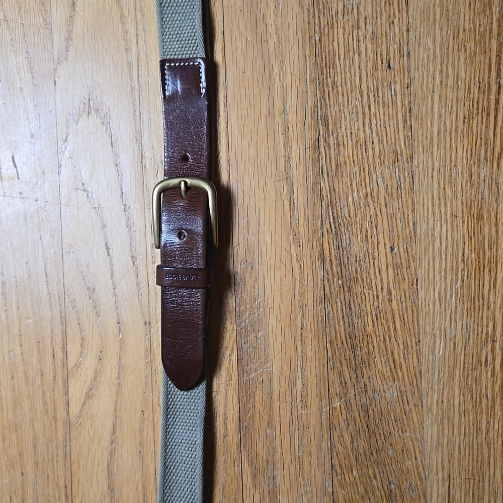 Eddie Bauer US made green canvas brown leather brass buckle belt, sz 39